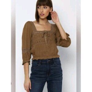 American Eagle Lace Tie Crop Top Long Sleeve Brown Size XS